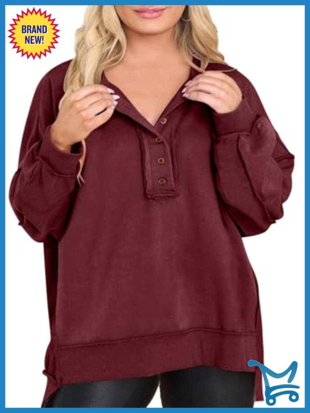 Plus Size Oversized Button Down V Neck Sweatshirt Lantern Sleeve Tunic